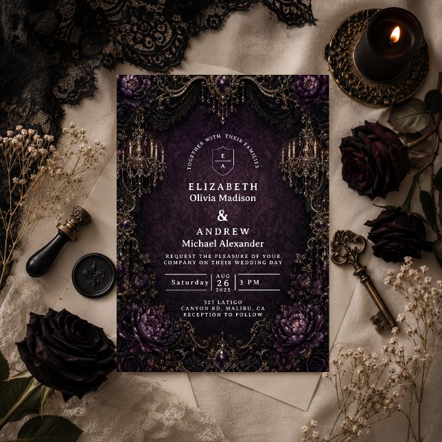 Convites Casamento Gótico Roxo Elegante (Criador carregado)