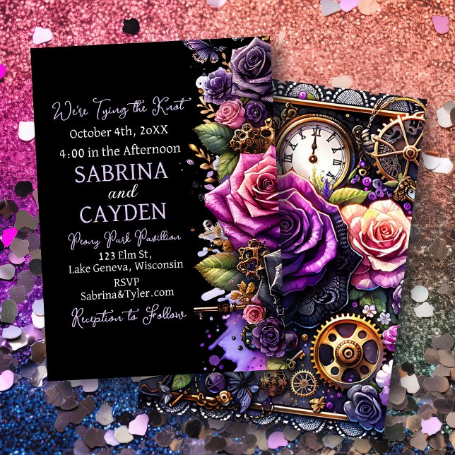 Convites Casamento Gótico Steampunk de Rosas Pretos e Roxos (Criador carregado)