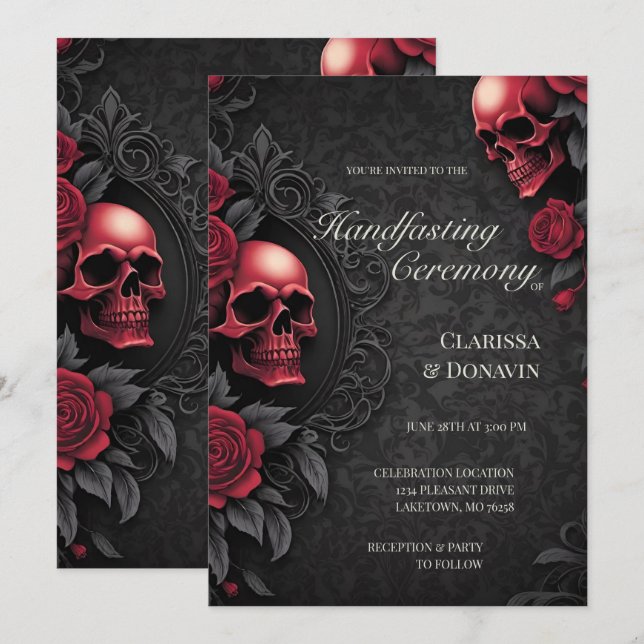 Convites Casamento Gótico Vermelho e Preto com Caveira e Ro (Frente/Verso)