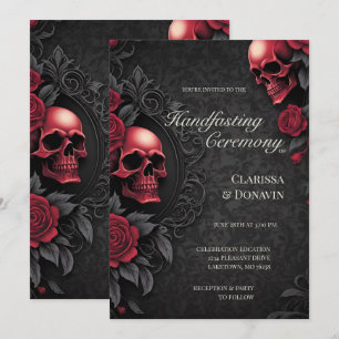 Convites Casamento Gótico Vermelho e Preto com Caveira e Ro