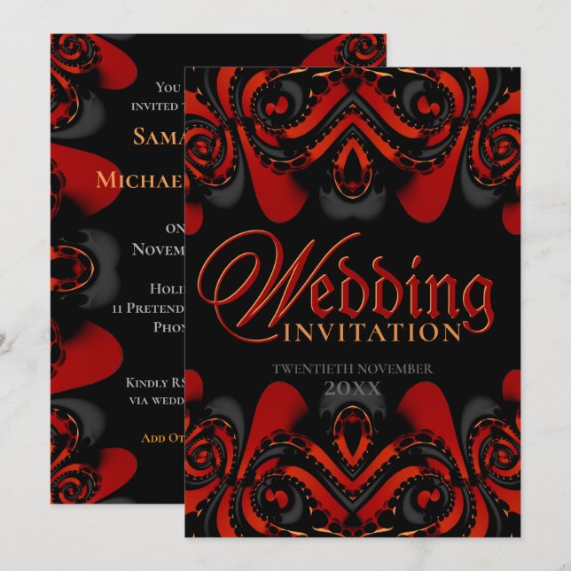 Convites Casamento Gótico Vermelho Exótico Preto (Frente/Verso)