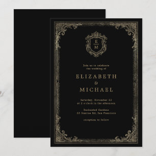 Convites Casamento Gótico Vintage Preto Dourado Vitoriano
