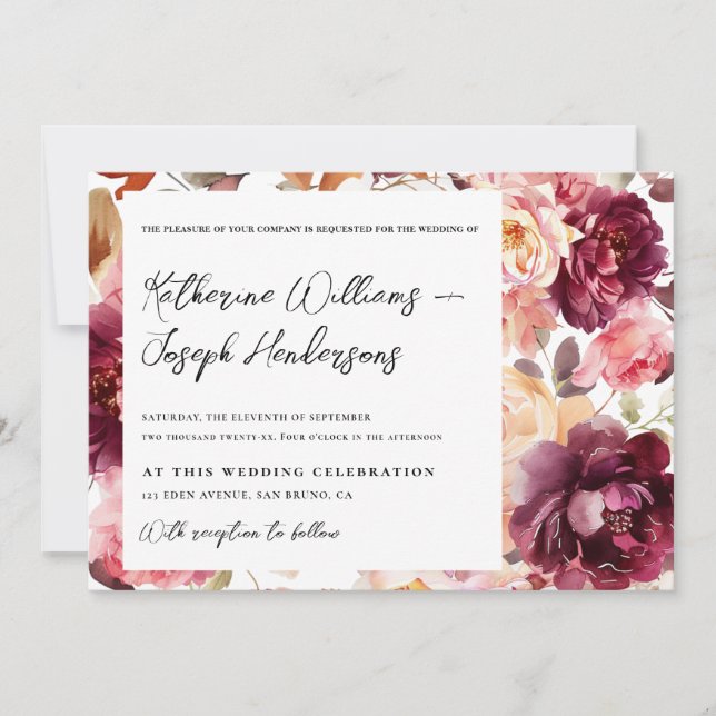 Convites Casamento Grafismo Script Burgundy Detalhes (Frente)