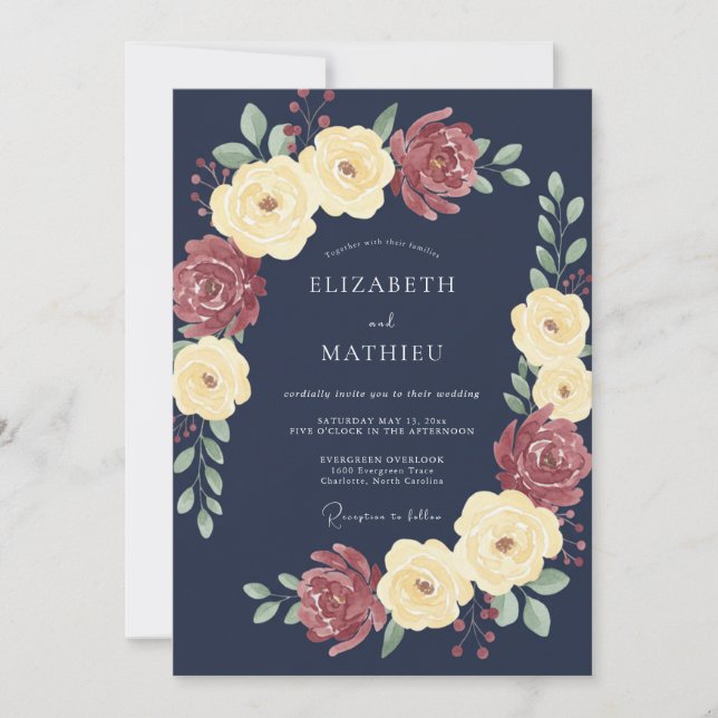 Convites Casamento Grand Rose Azul Marinho (Frente)