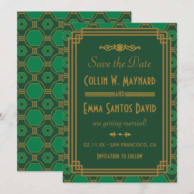 Convites Casamento Green Art Deco Salve A Data (Frente/Verso)