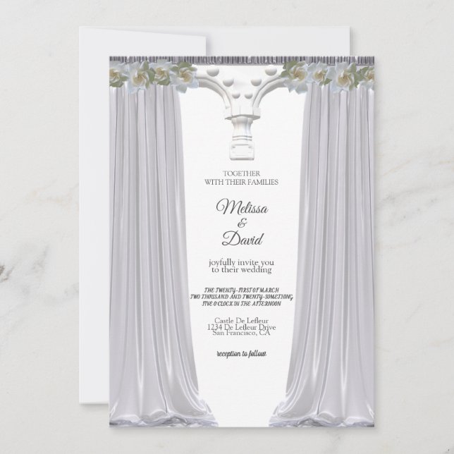 Convites Casamento Grego Floral Branco Elegante Arco (Frente)