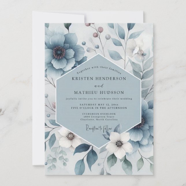 Convites Casamento Harmonia Floral Azul Ardósia (Frente)