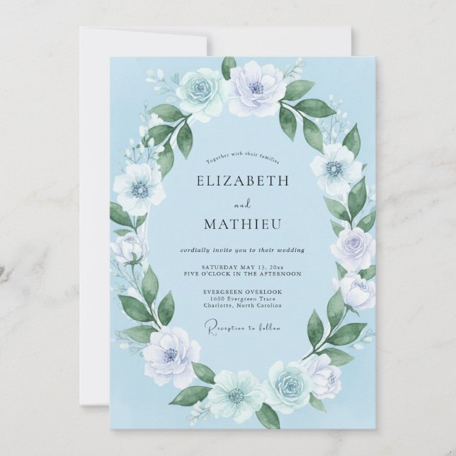 Convites Casamento Harmonioso de Primavera Azul Celeste (Frente)