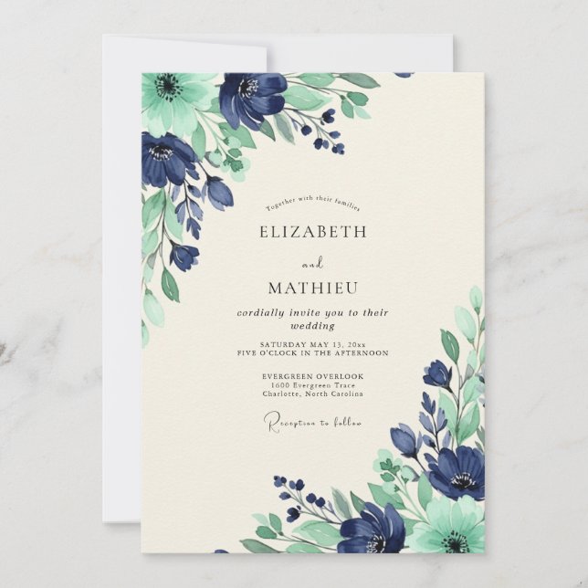 Convites Casamento Harmonioso de Primavera em Verde Azul (Frente)