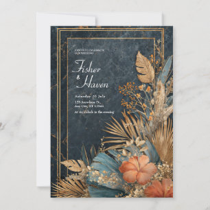 Convites Casamento Hibisco Tropical Azul Esverdeado Dourado