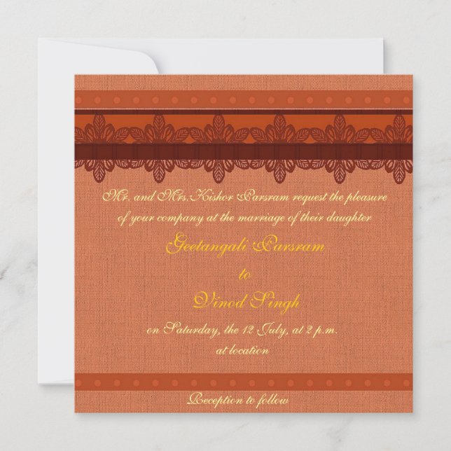 Convites Casamento hindu com brocade vermelha clara (Frente)