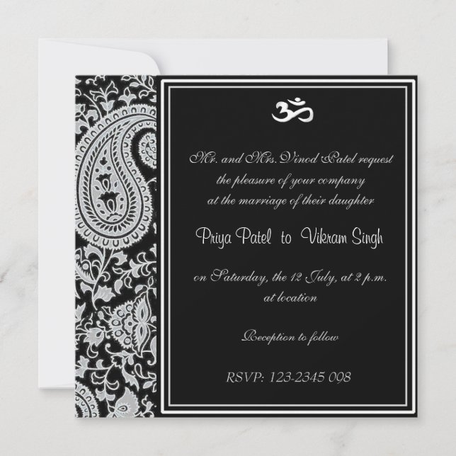 Convites Casamento hindu com Damask índio preto e branco (Frente)