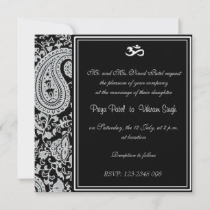 Convites Casamento hindu com Damask índio preto e branco