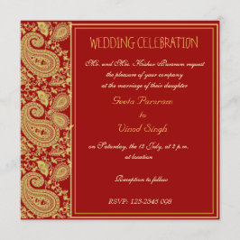 Convites Casamento hindu de paisley vermelho e dourado