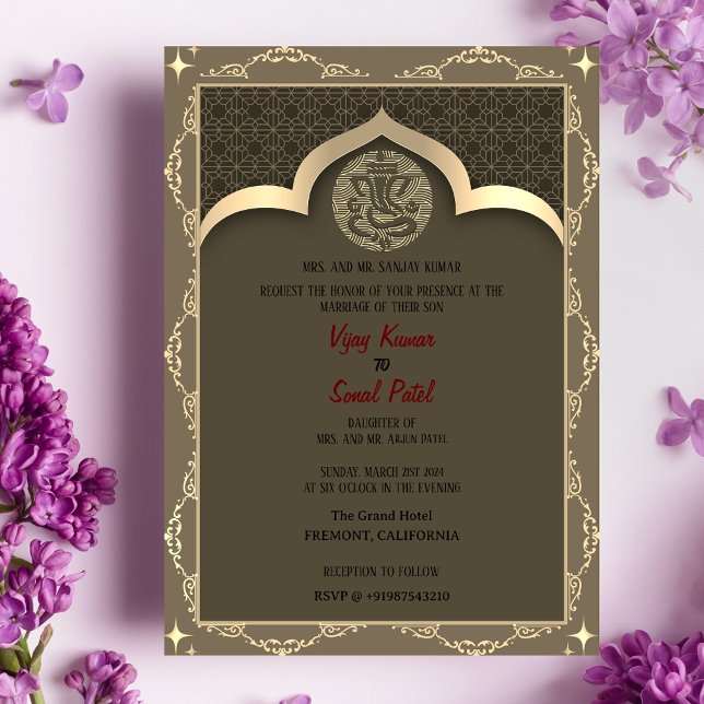 Convites Casamento Hindu Ganesha com Elementos Ouros (Criador carregado)