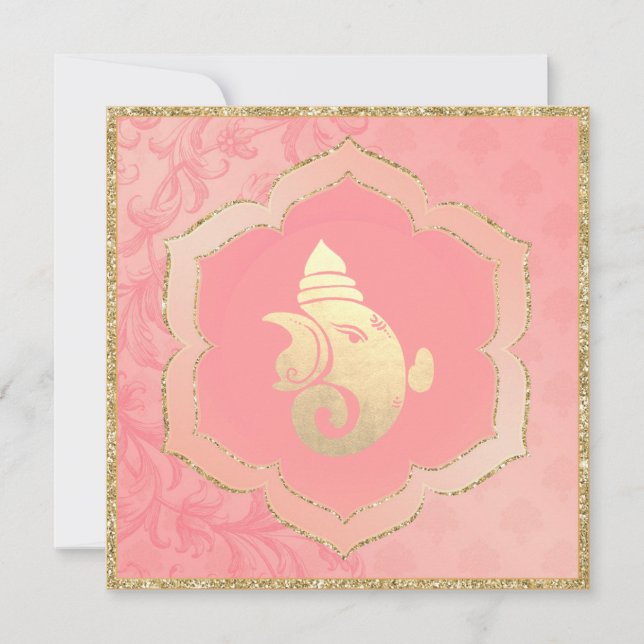 Convites Casamento Hindu Indiano de rosa Damask Dourado Gan (Frente)