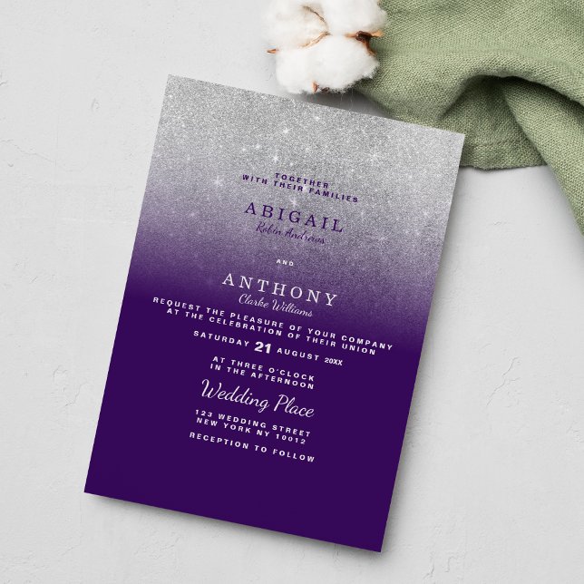 Convites Casamento hípico violeta prateado, violeta-prata,  (Elegant chic purple silver glitter ombre wedding invitation )