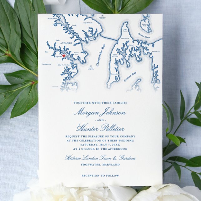 Convites Casamento Histórico London Town Annapolis MD  (Historic London Town Wedding Invitation Annapolis MD Wedding in Navy Blue by Coastal Map Designs)