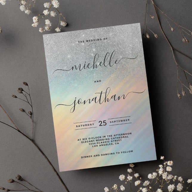 Convites Casamento Holográfico Silver Glitter Rainbow (Silver Glitter Rainbow Holographic Wedding Invitation )
