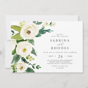 Convites Casamento Horizontal Floral Branco Elegante