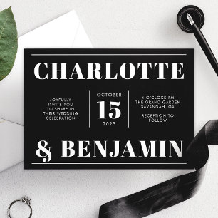 Convites Casamento Horizontal Moderno em Preto e Branco Ous
