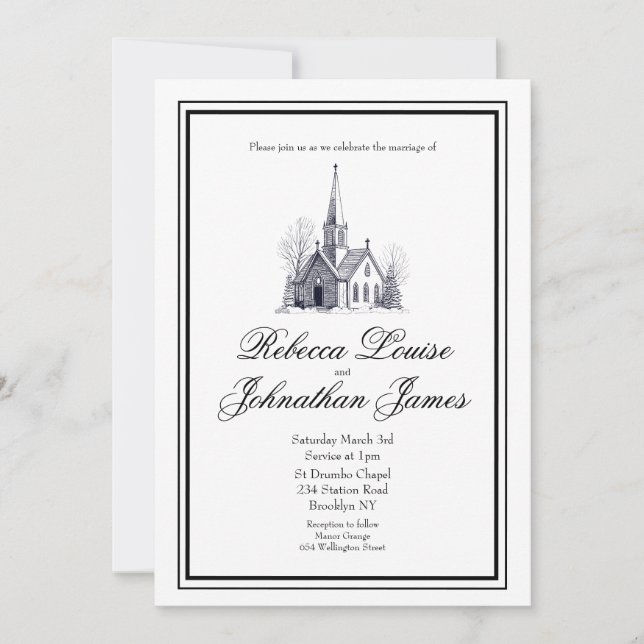 Convites Casamento Igreja Script Branco Preto Elegante Cape (Frente)