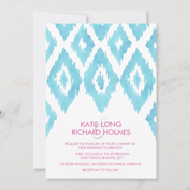 Convites Casamento Ikat Azul Turquesa (Frente)
