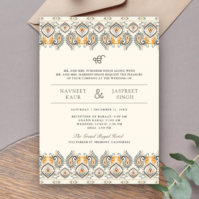 Convites Casamento Ikat Paisley Border Cream Anand Karaj Si (Criador carregado)