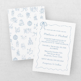 Convites Casamento Ilustrado Azul Desenhado à Mão Caprichos