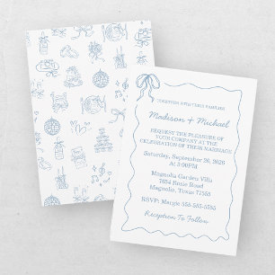 Convites Casamento Ilustrado Azul Desenhado à Mão Caprichos