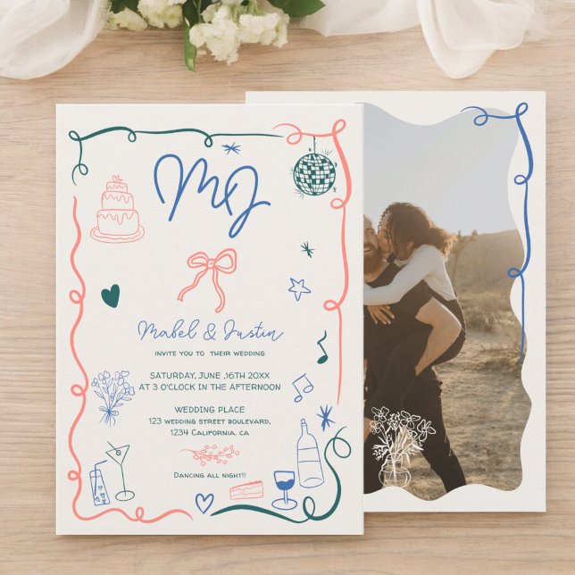 Convites Casamento ilustrado com as iniciais retrorreflecto (Retro initials handdrawn illustrated photo wedding invitation)