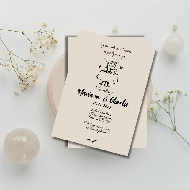 Convites Casamento Ilustrado com Desenho à Mão em Cinza Ret (Criador carregado)