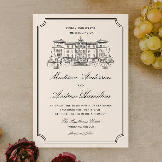 Convites Casamento Ilustrado de Mansão Clássica