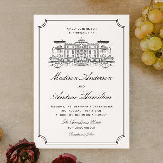 Convites Casamento Ilustrado de Mansão Clássica