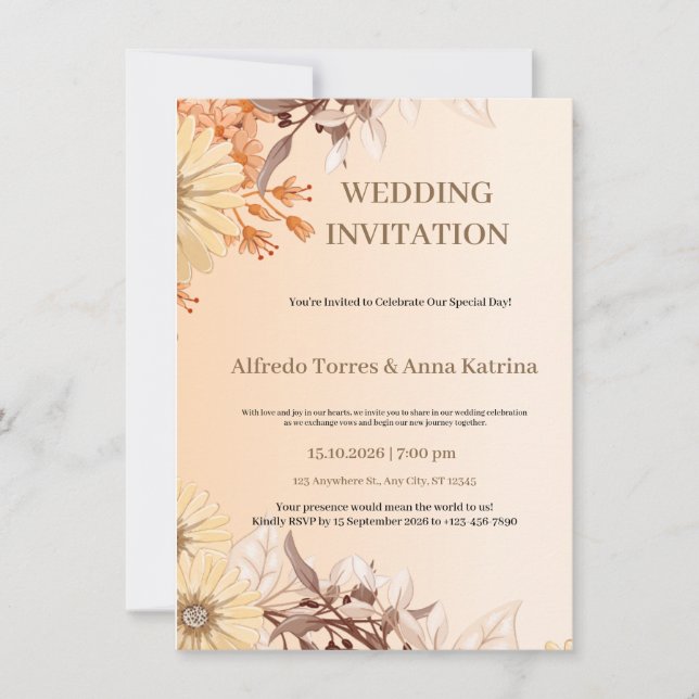 Convites Casamento Ilustrativo de Castanho e Laranja (Frente)