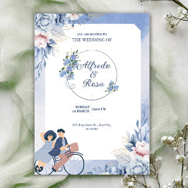 Convites Casamento Ilustrativo Floral Azul e Branco Suave