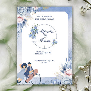 Convites Casamento Ilustrativo Floral Azul e Branco Suave
