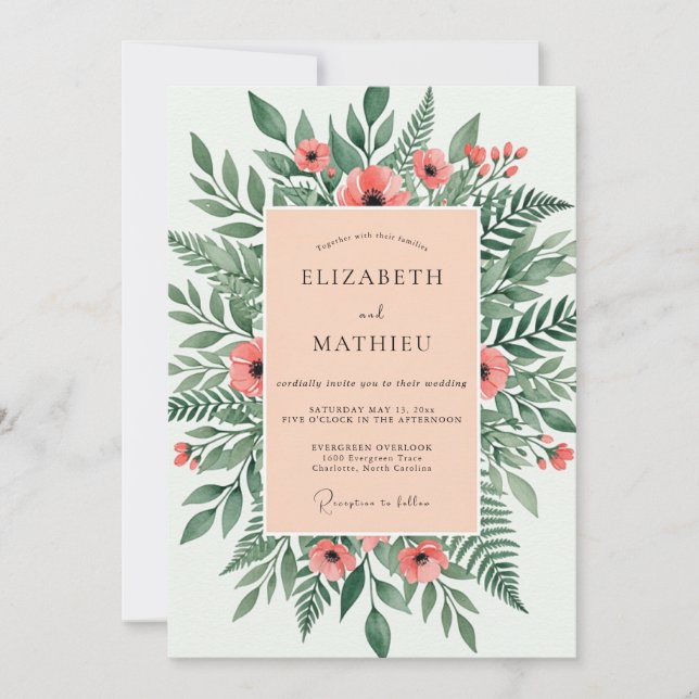 Convites Casamento Ilustrativo Florestal com Salmão (Frente)