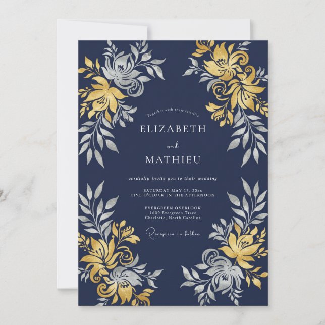 Convites Casamento Ilustre à Noite Azul-Marinho (Frente)