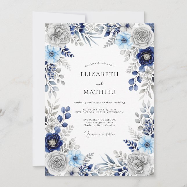 Convites Casamento Imperial de Inverno Azul-Marinho (Frente)