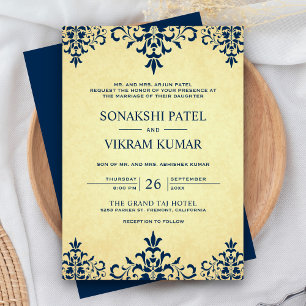 Convites Casamento Indiano Azul Étnico Vintage Damask