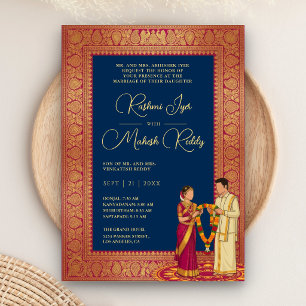 Convites Casamento Indiano Casal Azul-Marinho Kanjeevaram R