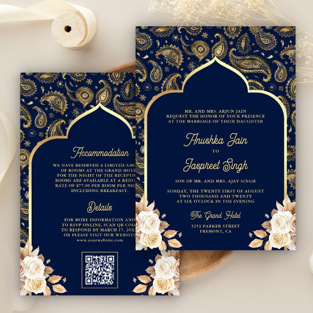 Convites Casamento Indiano Código QR Floral Paisley Azul Do (Criador carregado)