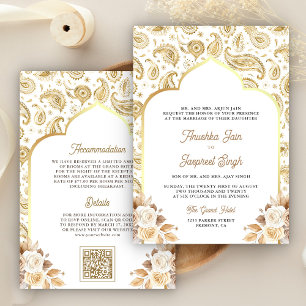 Convites Casamento Indiano Código QR Floral Paisley Dourado