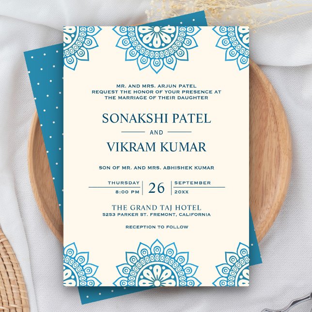 Convites Casamento Indiano com Creme Étnico e Mandala Azul (Criador carregado)