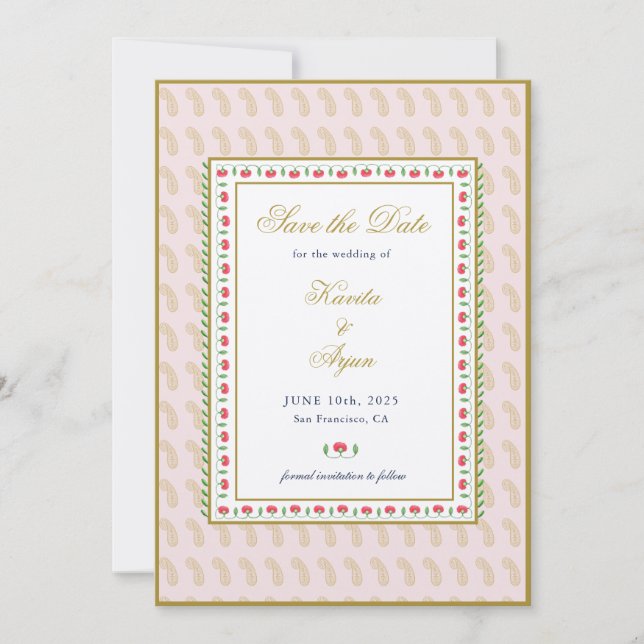 Convites Casamento Indiano com Frame Floral Rosa (Frente)