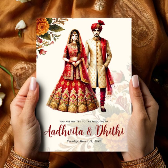 Convites Casamento Indiano com Noiva e Noivo Tradicionais (Indian Wedding with Traditional Bride & Groom Invitation, Hindu Wedding Card)
