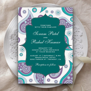 Convites Casamento Indiano com Padrão Paisley em Verde Água