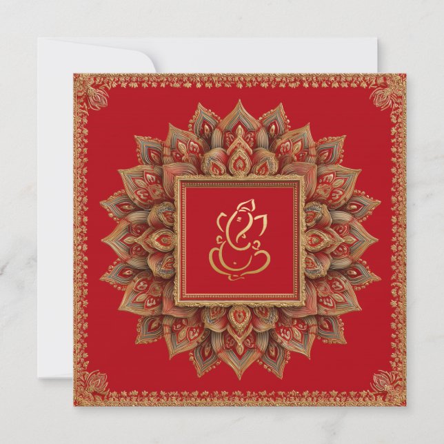 Convites Casamento Indiano de Ganesh Red Floral (Frente)