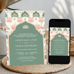 Convites Casamento Indiano de Lotus Vermelhos de Pastel Cor